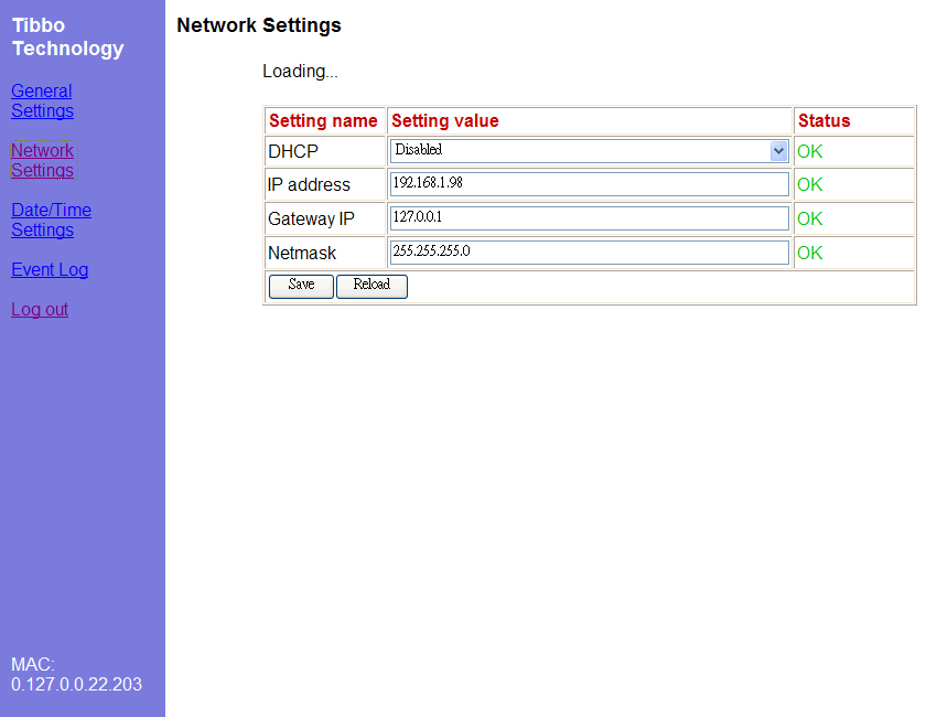 Network Settings: DHCP, IP Address, Gateway IP and Netmask
